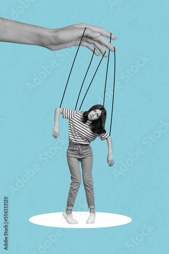 Creative photo 3d collage artwork poster of sad upset girl hanging rope under control big arm isolated on painting background