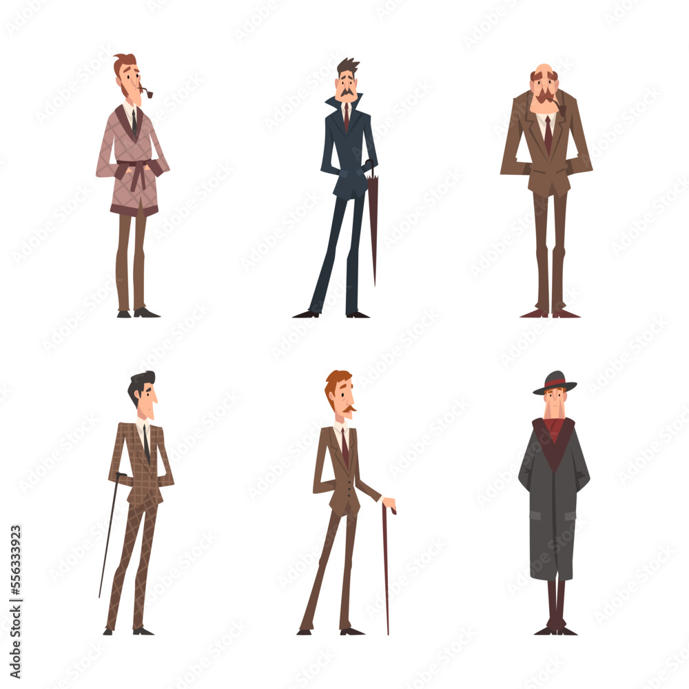 Victorian Gentleman in Elegant Suit with Respectful Manner Standing Vector Set Victorian Gentleman in Elegant Suit with Respectful Manner Standing Vector Set