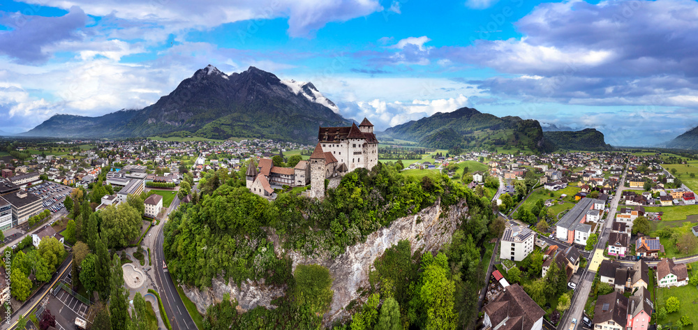 Obraz na płótnie beautiful medieval castles of Europe - impressive Gutenberg in Liechtenstein, border with Switzerland, surrounded by Alps mountains, aerial view w salonie
