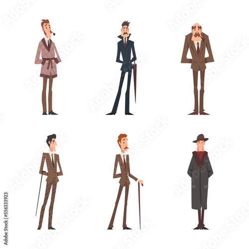 Victorian Gentleman in Elegant Suit with Respectful Manner Standing Vector Set