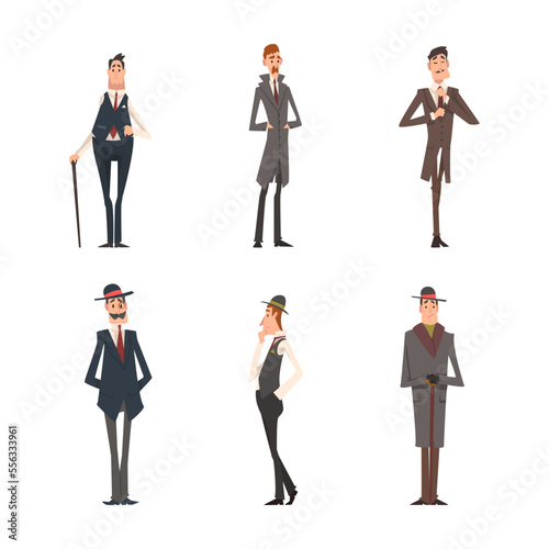 Victorian Gentleman in Elegant Suit with Respectful Manner Standing Vector Set