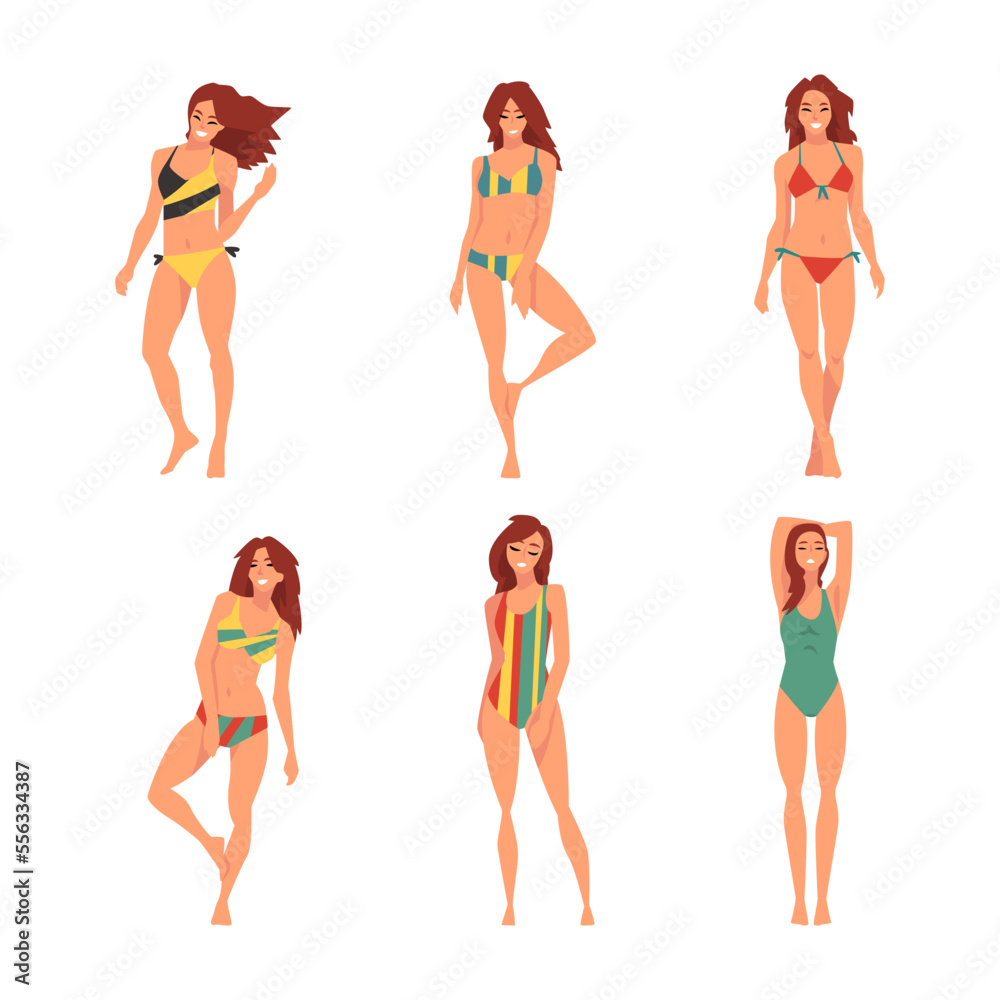 Young Woman in Swimsuit Having Slim Body Standing and Posing Vector Set Young Woman in Swimsuit Having Slim Body Standing and Posing Vector Set