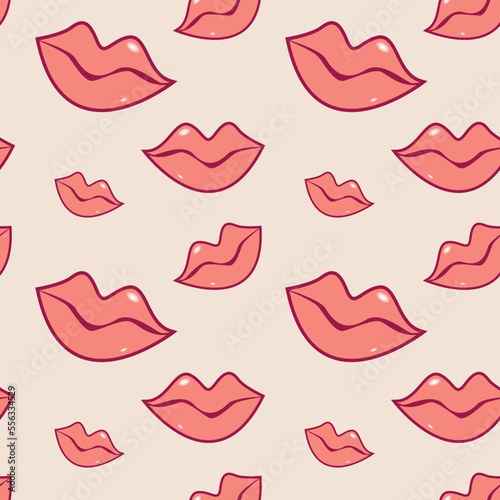Woman s red cartoon lips on light background. Seamless pattern. Romantic feminine design. Vector illustration.
