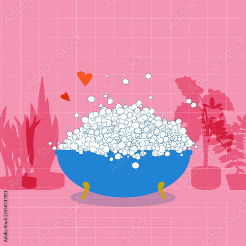National bubble bath day card vector illustration. Blue bathtub in pink bathroom. Houseplants on floor. Home spa, time to relax concept. Flat cartoon style