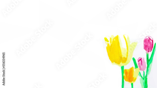 Aquarell Malerei Tulpen in gelb und pink. Mixed Media Vektor aus Aquarell und Low Poly Art. Weißer Hintergrund. 