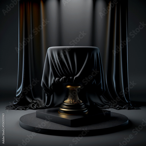 Podium for product advertisement or restaurant menus with black background and curtains Generative AI