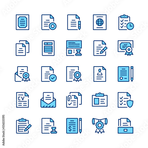Legal documents line icons. Blue color. Vector line icons set