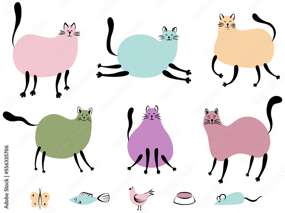 Fototapeta premium Cute doodle cats set. Cat illustration. Hand drawn set domestic pets collection. Kitten design collection in different poses.