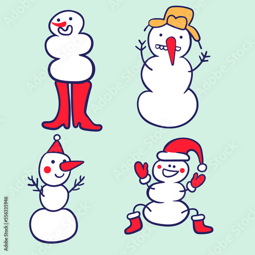 set of cartoon snowmen in flat style