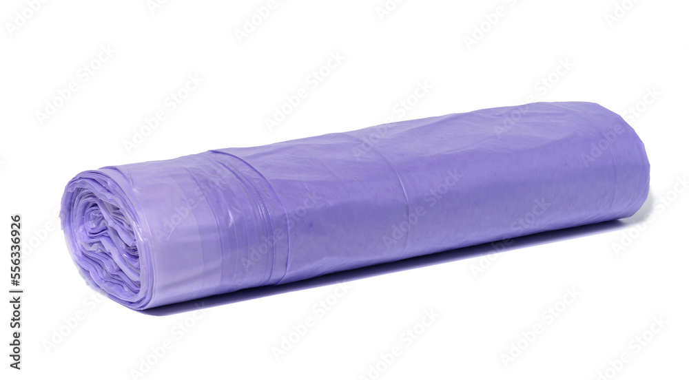 Purple plastic trash bags with strings on white background, close up Purple plastic trash bags with strings on white background, close up