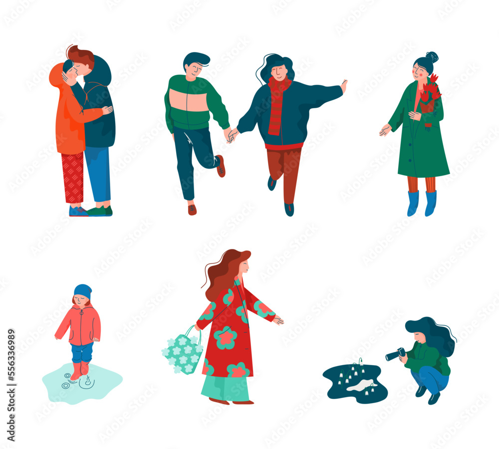 People Character Walking Along the Street in Spring Season Vector Illustration Set