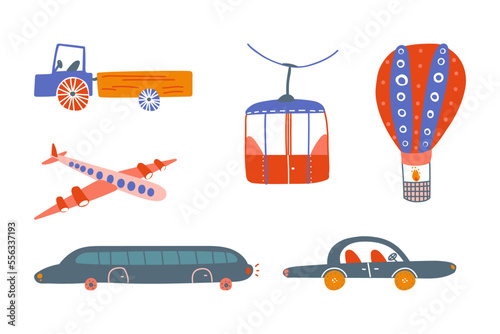 Road Vehicle and City Transport with Van, Plane, Car, Hot Air Balloon, Limousine and Funicular Vector Set