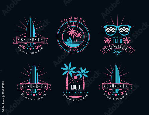 Surf Club Logo and Summer Holiday Beach Label with Surfboard and Palm Vector Set