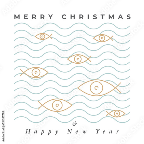 Merry Christmas Concept with Eye of Providence Combined with Jesus Christ Symbol Fish Signs and Happy New Year Logo Lettering - Gold and Blue Waves on White Background - Flat Graphic Design