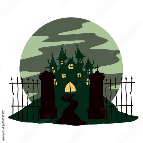 Halloween haunted house. Scary dark silhouette of home or mansion. Cartoon Vector spooky Illustration. Gothic cute town