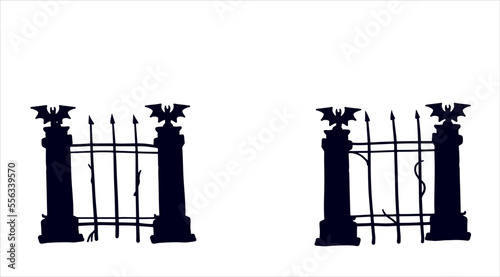 Old fence of cemetery. Halloween decoration. Black silhouette of gloomy wall.