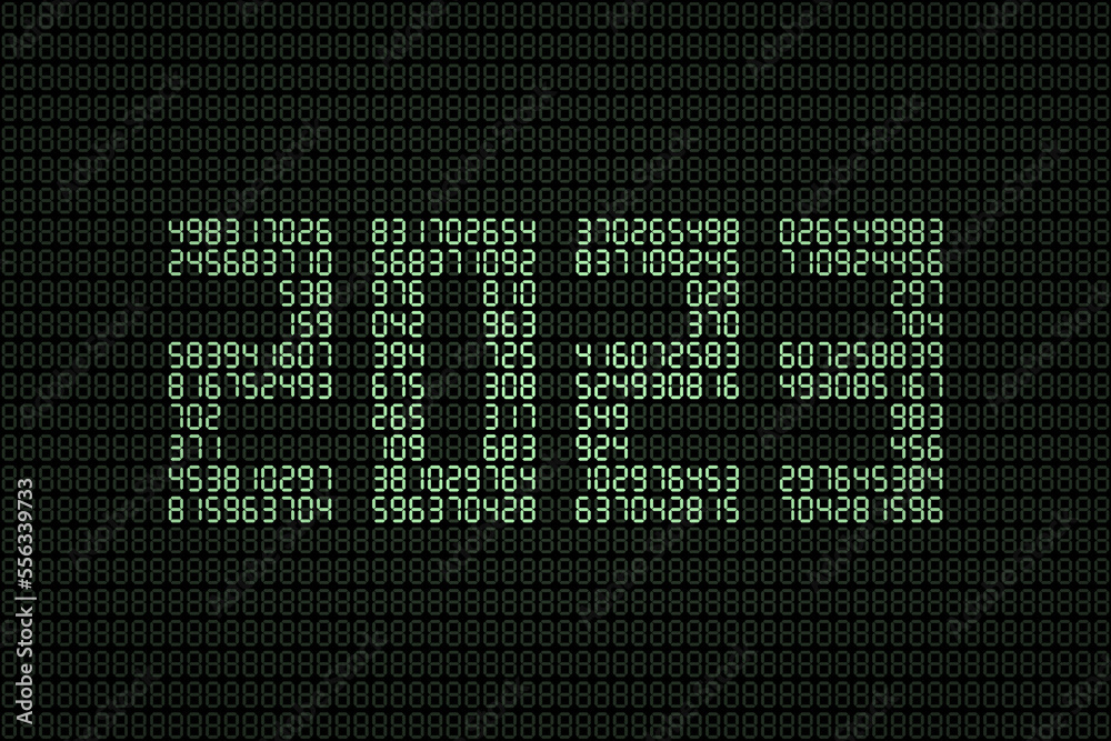 Number 2023 composed from glowing digits on big electronic board Number 2023 composed from glowing digits on big electronic board