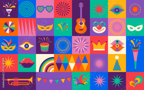 Seamless pattern, street art, carnival concept design. Colorful geometric background with splashes, speech bubbles, masks and confetti 