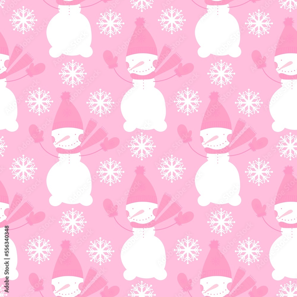 Winter seamless snowman and snowflakes pattern for Christmas wrapping paper and kids notebooks
