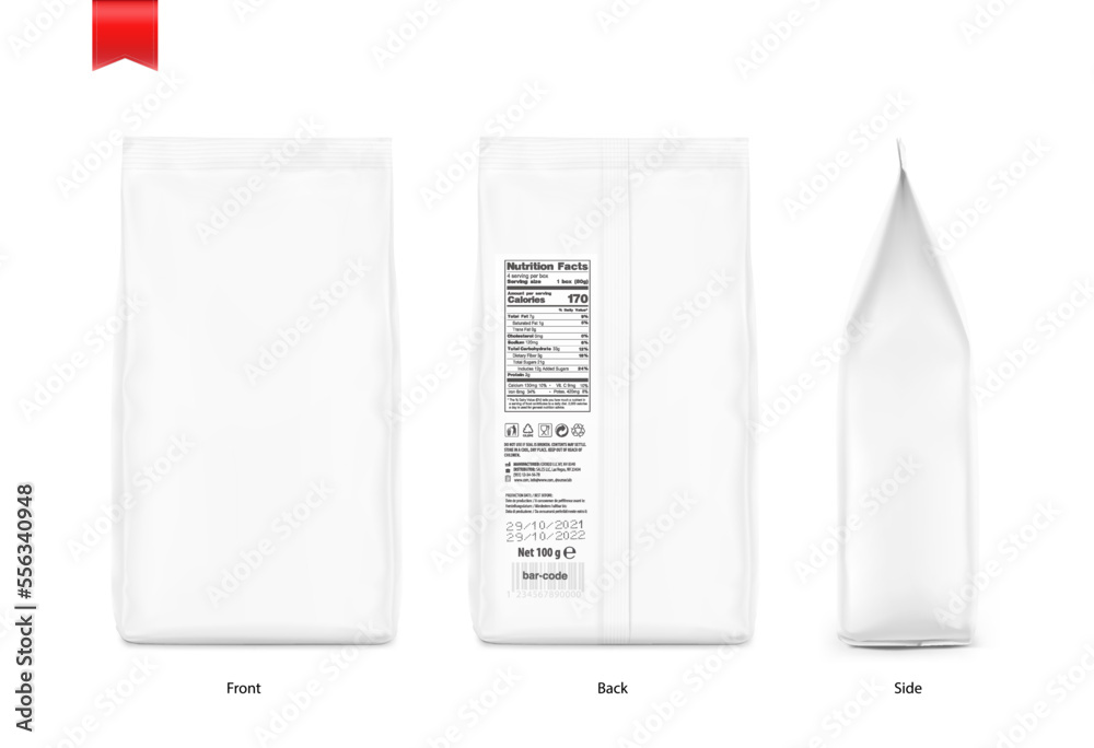 Realistic food bags isolated on white background. Front, back and half