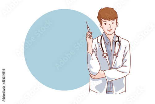 Muslim doctor personality, friendly smiling medical staff. In white coat isolated on empty background, doctor talking to patient, healthcare service, flat vector illustration