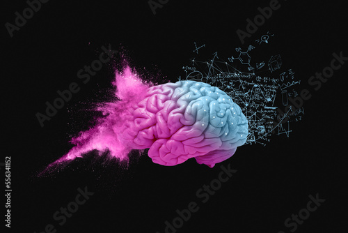 Creative brain - creative and mathematical mindset. Explosion of colors and creativity  concept. Mathematics  formulas and chemistry  concept. Smart and creative mind. Thinking different