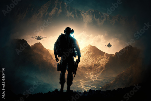 Silhouett Soldier Looking Sky in mountainous Terrain AI generative
