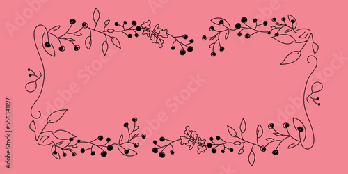 Vector. Merry Christmas and Happy New Year floral background, copy space for text. Rustic horizontal frame template for Christmas cards, wedding invitations, party invitations. Hand-drawn sketch.