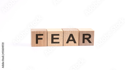 FEAR inscription on wooden cubes isolated on white background