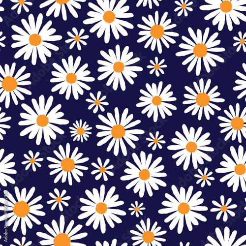 Fototapeta Naklejka Na Ścianę i Meble -  White daisies on navy blue seamless vector pattern