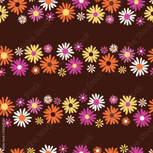 Retro colored floral stripes seamless vector pattern, on brown background