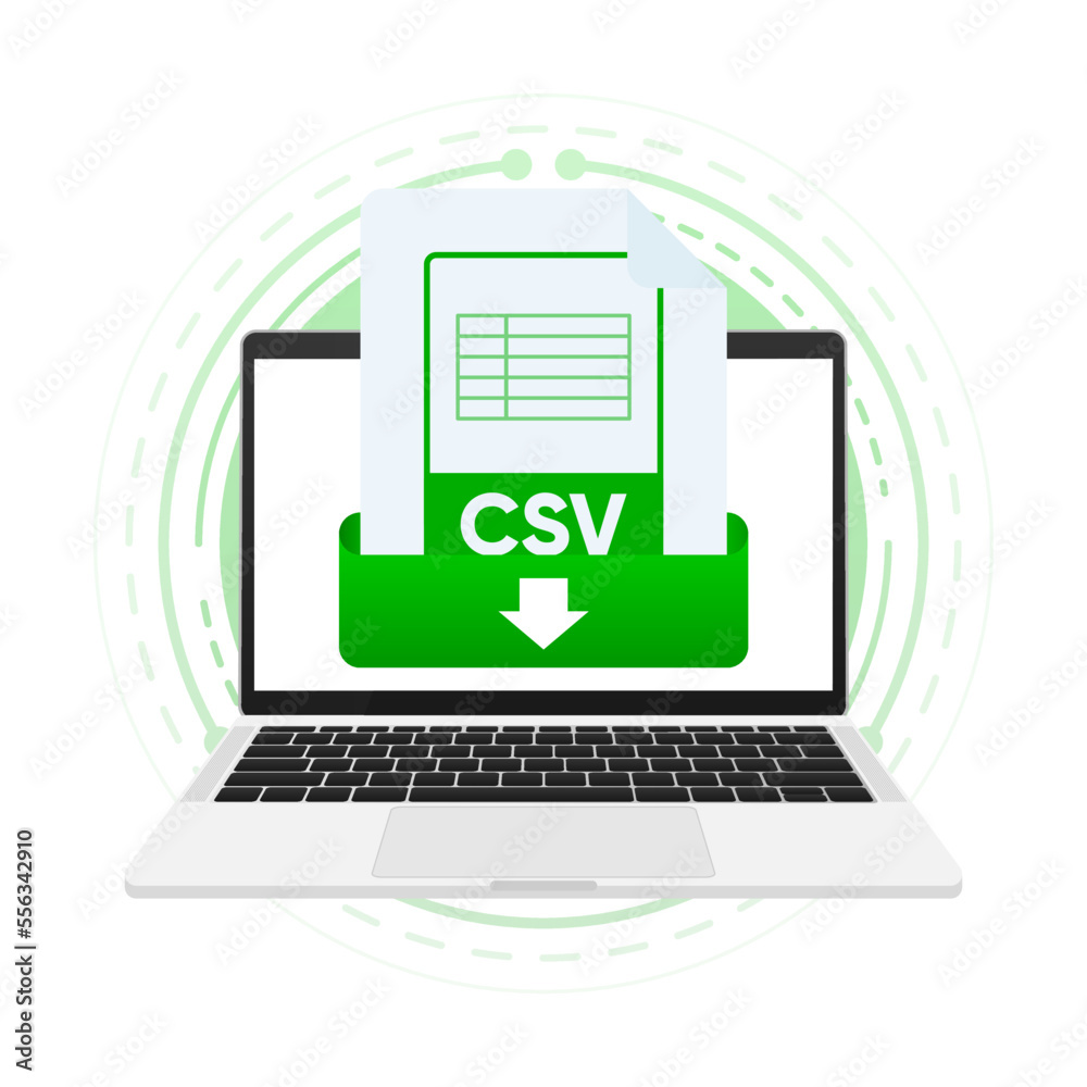 Download CSV file with label on laptop screen. Downloading document concept. View, read, download CSV file on laptops and mobile devices. Vector illustration. Download CSV file with label on laptop screen. Downloading document concept. View, read, download CSV file on laptops and mobile devices. Vector illustration.