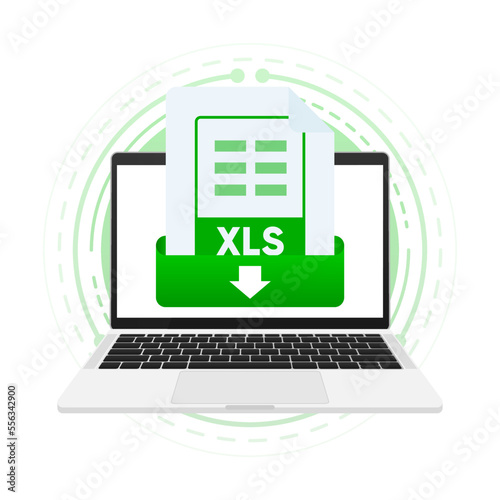 Download XLS file with label on laptop screen. Downloading document concept. View, read, download XLS file on laptops and mobile devices. Vector illustration.