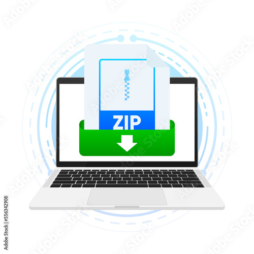 Download ZIP file with label on laptop screen. Downloading document concept. View, read, download ZIP file on laptops and mobile devices. Vector illustration.