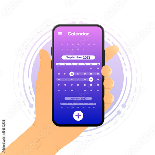 Calendar App mockup. Month, week and day interface application. Daily tasks screen. Weekly checklist application. Planner template. 3D interface, UX for app. Vector illustration.
