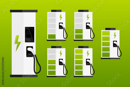 Electric car Charger at the charger station. Level charge battery. Electromobility eco future transportation e-motion concept. Vector illustration.