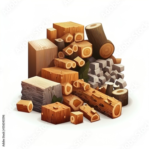 Tree lumber, wood logs, logging twigs and wooden planks, stacked firewood material isolated on a white background. AI