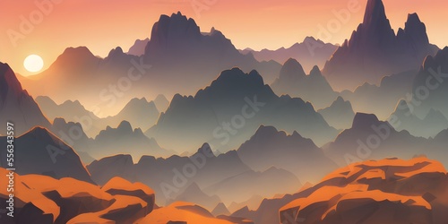 Mountain Landscape at Sunset Created with Generative AI Technology