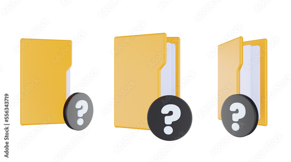 3d render folder question mark icon with orange file folder and black question mark
