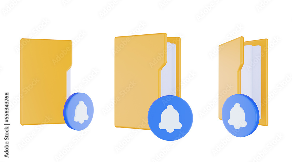 3d render folder bell icon with orange file folder and blue bell