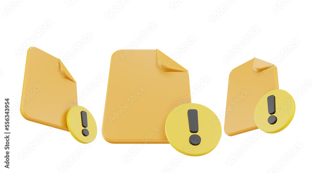 3d render file exclamation mark icon with orange file paper and yellow exclamation mark
