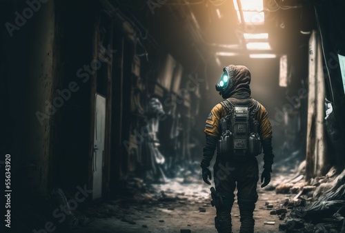 man walking with protective suit devastated area, apocalypse concept, 3D illustration.