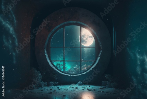 mystical place semi-destroyed  the moon peeking out of the small window  fantasy  3D illustration.