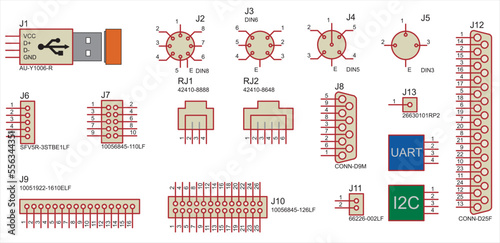 Conditional graphic designations of connectors: usb, com port,
uart, i2c, audio, rj, din socket.
Vector icons of electronic components of an electrical diagram. photo