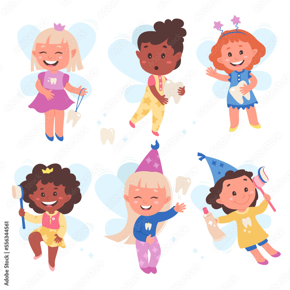 Tooth fairies flat icons sat. Magic character. Cute cartoon kids with ...