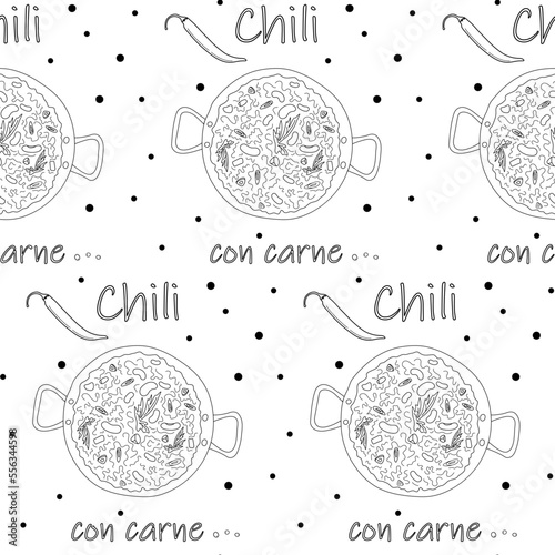 Seamless pattern of chili con carne in large pot and inscription and chili peppers on the background