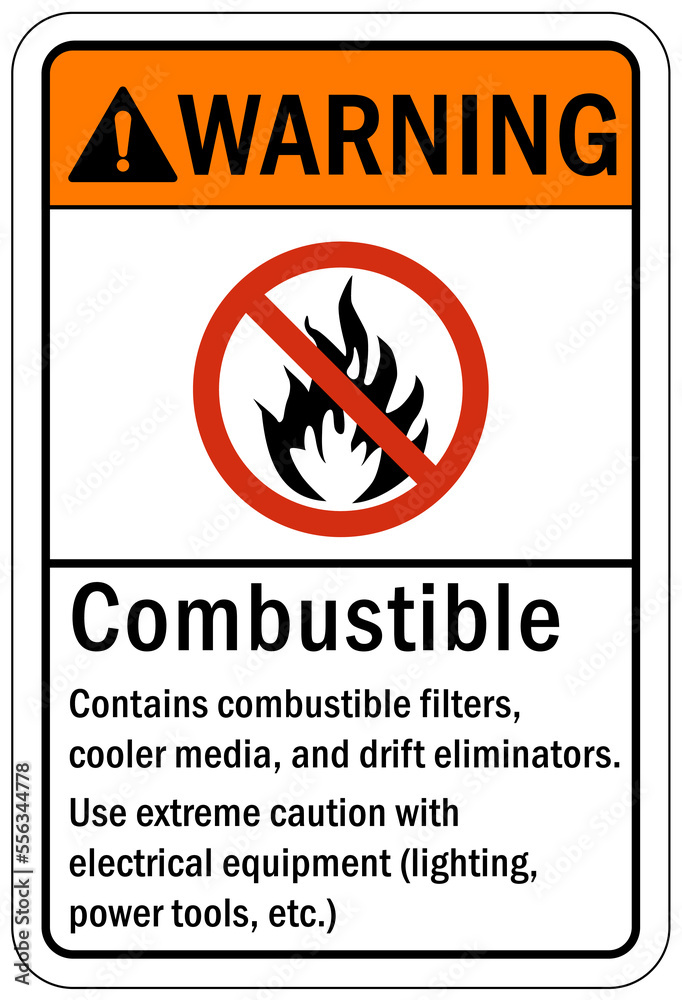 Fire hazard, flammable liquid sign and label combustible contains