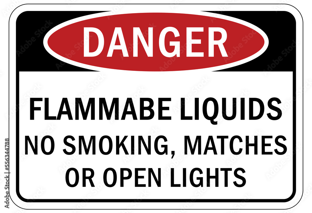 Fire hazard, flammable liquid sign and label no smoking matches or open flame