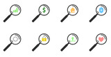 Eight magnifiers show a variety of icons. A blank for the website and design.