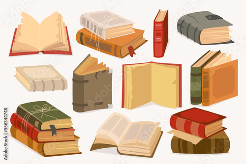 Old books flat icons set. Ancient manuscripts with blank yellow pages. Vintage parchment lists